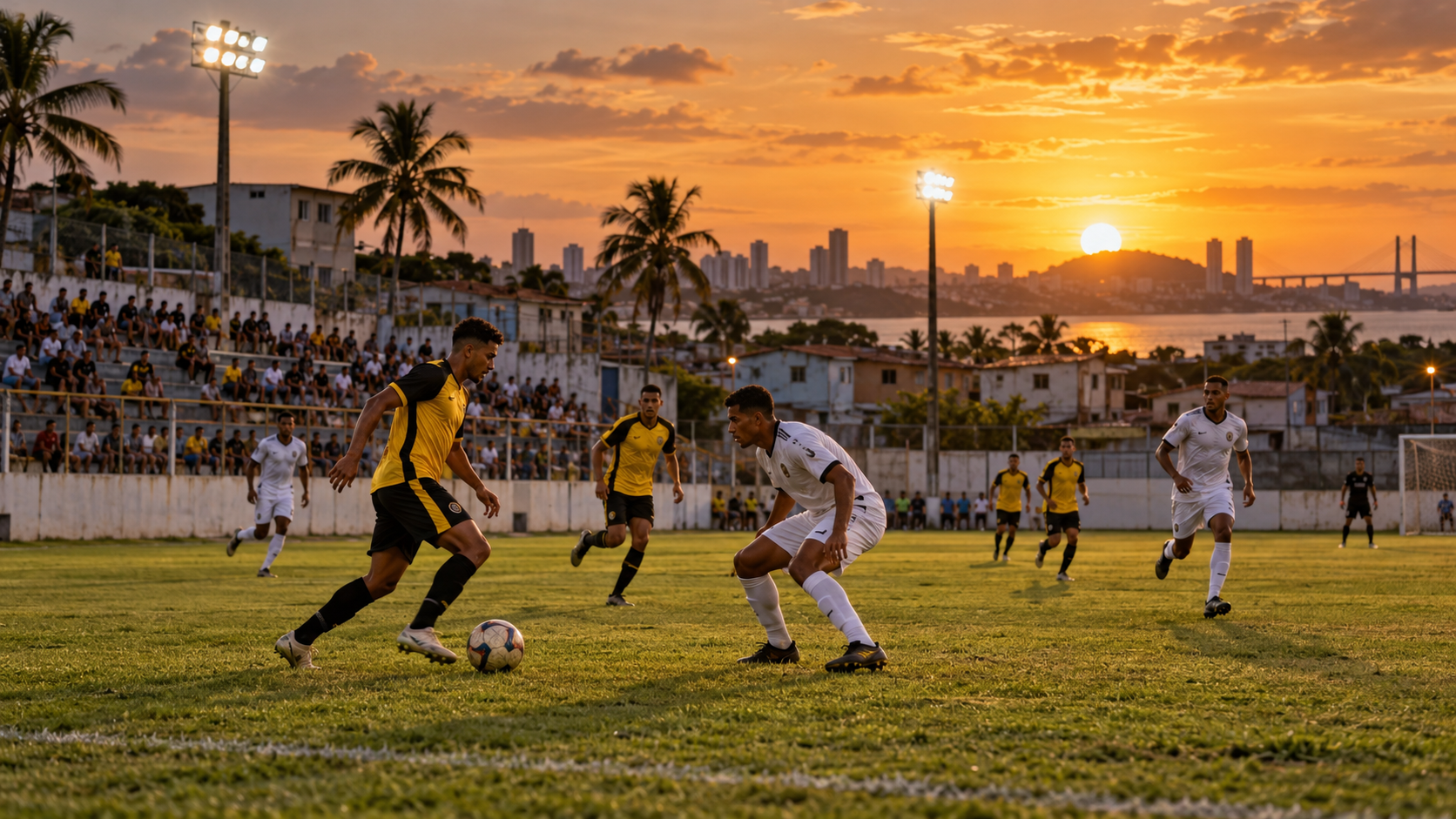 Ilustração de uma partida de futebol ao pôr do sol