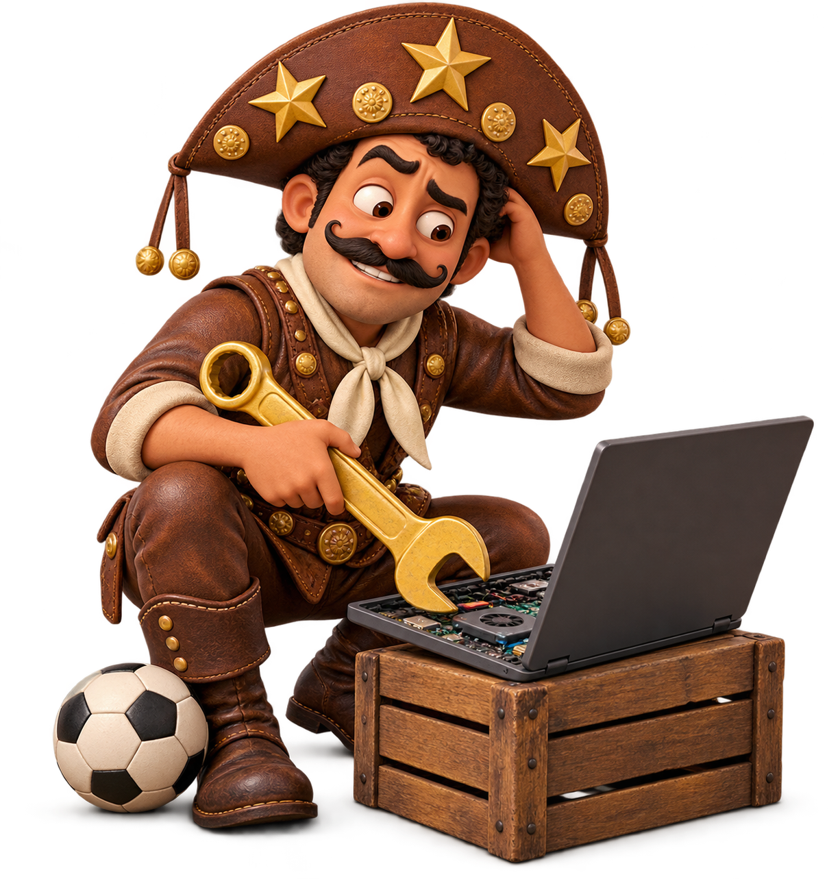 Mascote da Liga dos Lampiões trabalhando em um notebook